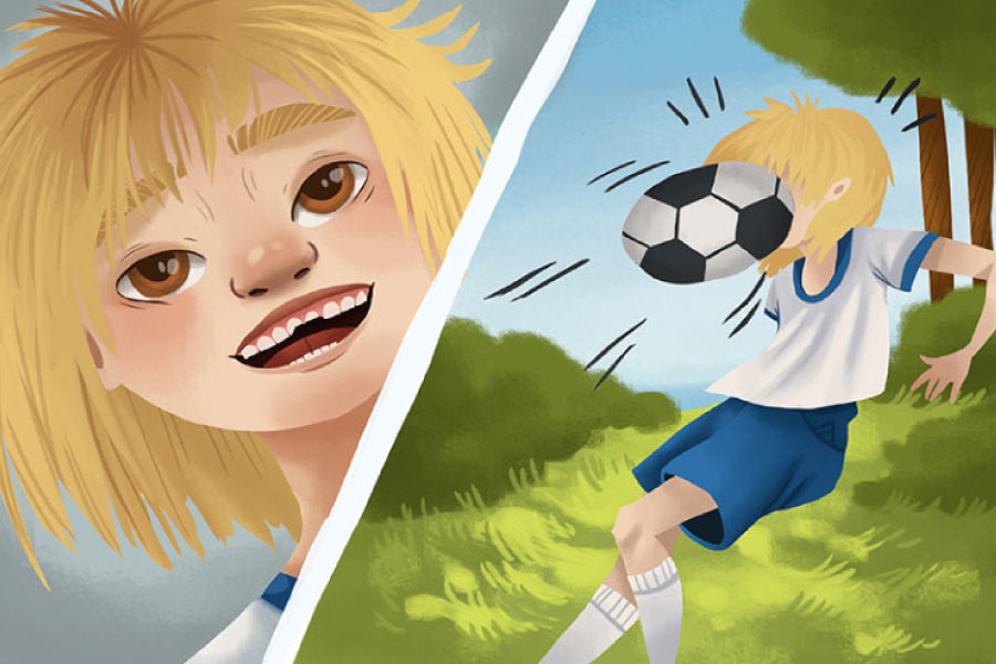 Cartoon of someone getting hit in the face with a soccer ball & chipping their front tooth.