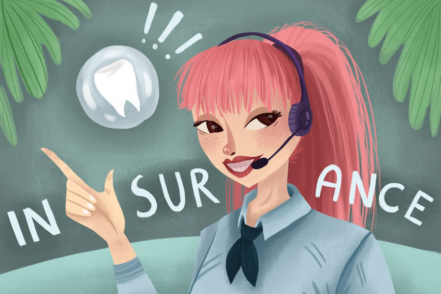 Cartoon girl with a headset ready to talk about dental insurance.